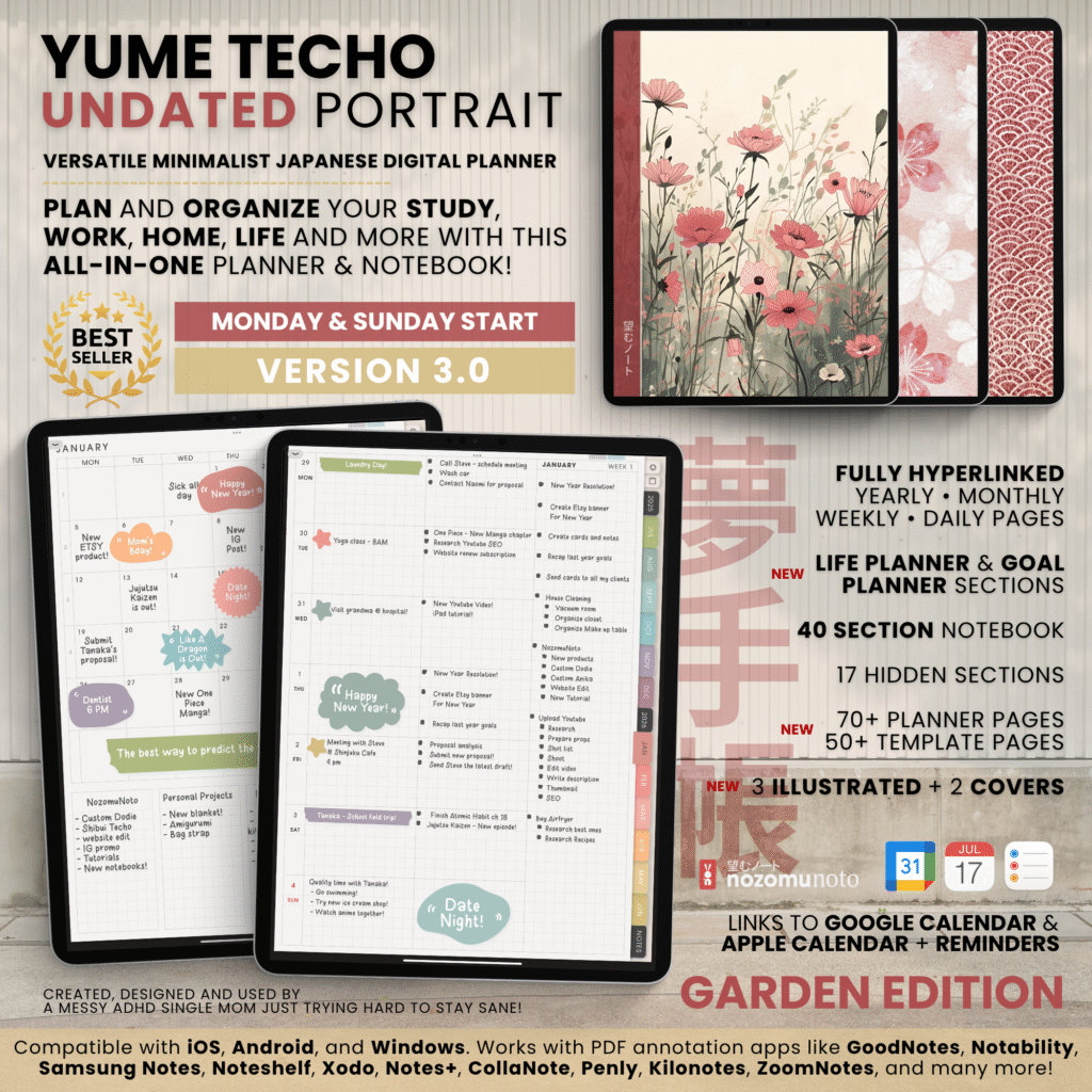 Undated Digital Planner Yume Techo NozomuNoto Notebook Daily Weekly Monthly Calendar Japanese Multipurpose Minimalist ADHD Bullet Journal Hyperlinked PDF Goodnotes Notability Portrait Android iPad Student Study Noteshelf Samsung Notes Hobonichi Noteful Penly Kilonotes Collanote Zoomnotes