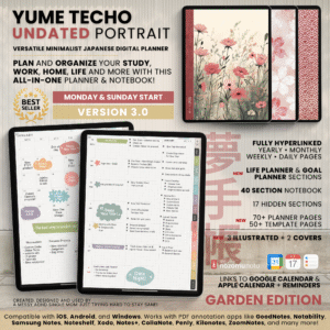 Undated Digital Planner Yume Techo NozomuNoto Notebook Daily Weekly Monthly Calendar Japanese Multipurpose Minimalist ADHD Bullet Journal Hyperlinked PDF Goodnotes Notability Portrait Android iPad Student Study Noteshelf Samsung Notes Hobonichi Noteful Penly Kilonotes Collanote Zoomnotes