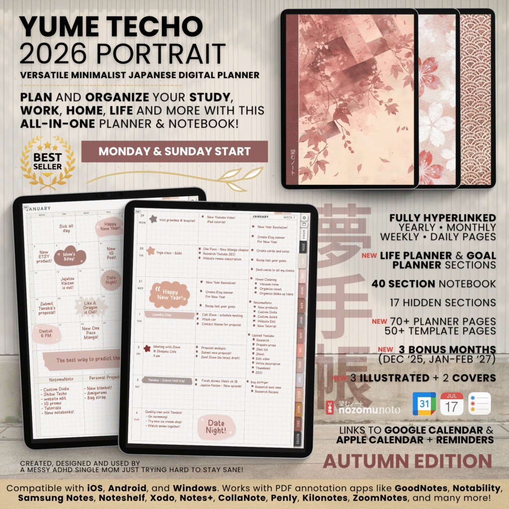 2026 Digital Planner Yume Techo NozomuNoto Notebook Daily Weekly Monthly Calendar Japanese Multipurpose Minimalist ADHD Bullet Journal Hyperlinked PDF Goodnotes Notability Portrait Android iPad Student Study Noteshelf Samsung Notes Hobonichi Noteful Penly Kilonotes Collanote Zoomnotes