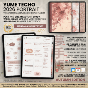 2026 Digital Planner Yume Techo NozomuNoto Notebook Daily Weekly Monthly Calendar Japanese Multipurpose Minimalist ADHD Bullet Journal Hyperlinked PDF Goodnotes Notability Portrait Android iPad Student Study Noteshelf Samsung Notes Hobonichi Noteful Penly Kilonotes Collanote Zoomnotes