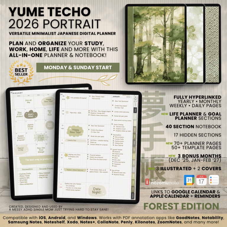 2026 Digital Planner Yume Techo NozomuNoto Notebook Daily Weekly Monthly Calendar Japanese Multipurpose Minimalist ADHD Bullet Journal Hyperlinked PDF Goodnotes Notability Portrait Android iPad Student Study Noteshelf Samsung Notes Hobonichi Noteful Penly Kilonotes Collanote Zoomnotes