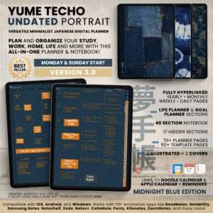 Undated Digital Planner Yume Techo NozomuNoto Notebook Daily Weekly Monthly Calendar Japanese Multipurpose Minimalist ADHD Bullet Journal Hyperlinked PDF Goodnotes Notability Portrait Android iPad Student Study Noteshelf Samsung Notes Hobonichi Noteful Penly Kilonotes Collanote Zoomnotes
