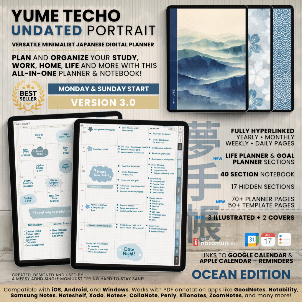 Undated Digital Planner Yume Techo NozomuNoto Notebook Daily Weekly Monthly Calendar Japanese Multipurpose Minimalist ADHD Bullet Journal Hyperlinked PDF Goodnotes Notability Portrait Android iPad Student Study Noteshelf Samsung Notes Hobonichi Noteful Penly Kilonotes Collanote Zoomnotes