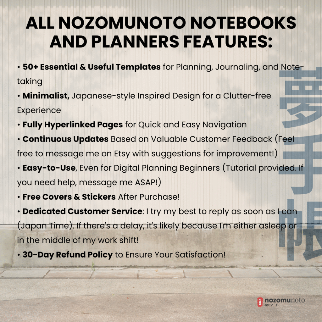 Undated Digital Planner Yume Techo NozomuNoto Notebook Daily Weekly Monthly Calendar Japanese Multipurpose Minimalist ADHD Bullet Journal Hyperlinked PDF Goodnotes Notability Portrait Android iPad Student Study Noteshelf Samsung Notes Hobonichi Noteful Penly Kilonotes Collanote Zoomnotes