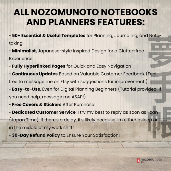 Undated Digital Planner Yume Techo NozomuNoto Notebook Daily Weekly Monthly Calendar Japanese Multipurpose Minimalist ADHD Bullet Journal Hyperlinked PDF Goodnotes Notability Portrait Android iPad Student Study Noteshelf Samsung Notes Hobonichi Noteful Penly Kilonotes Collanote Zoomnotes