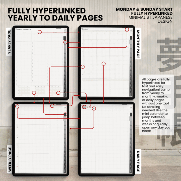Undated Digital Planner Yume Techo NozomuNoto Notebook Daily Weekly Monthly Calendar Japanese Multipurpose Minimalist ADHD Bullet Journal Hyperlinked PDF Goodnotes Notability Portrait Android iPad Student Study Noteshelf Samsung Notes Hobonichi Noteful Penly Kilonotes Collanote Zoomnotes