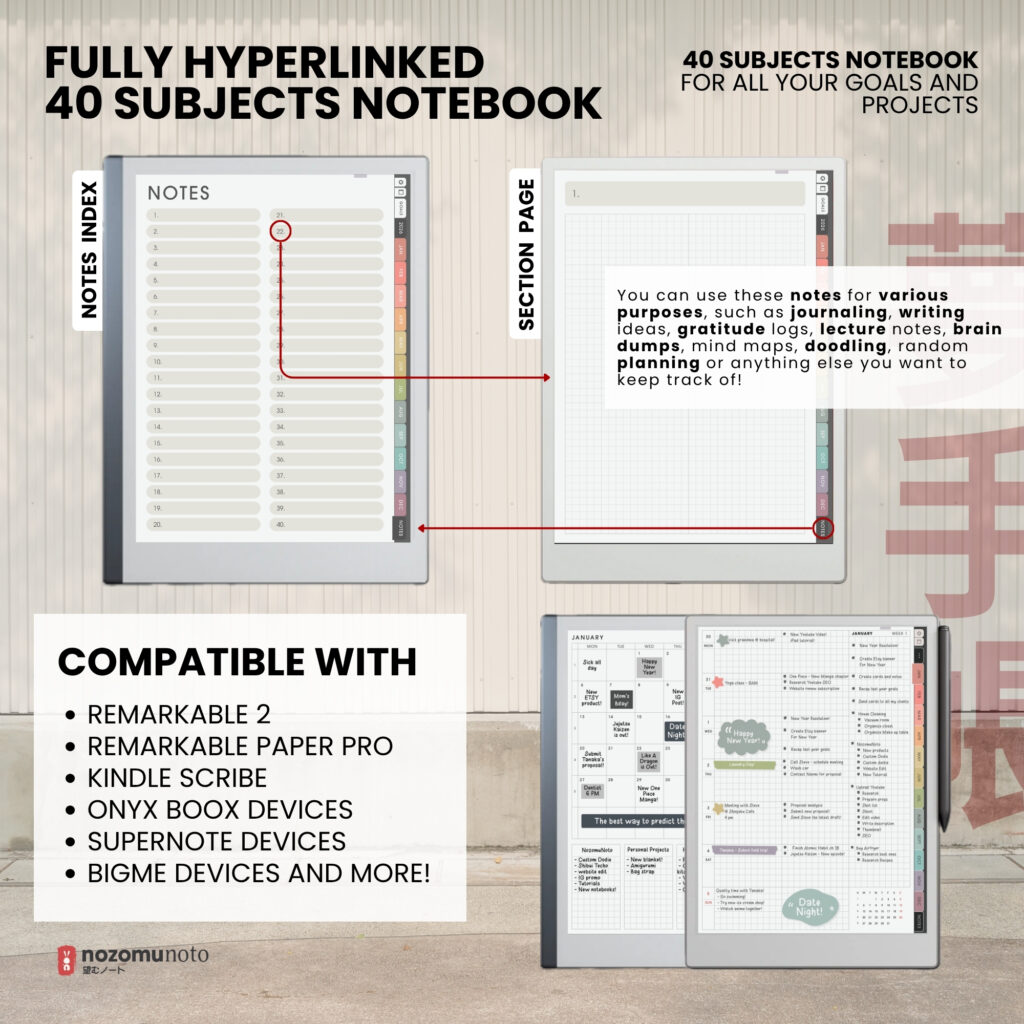 2026 Digital Planner Yume Techo Remarkable 2 Paper Pro Onyx Boox Supernote Bigme Kindle Scribe NozomuNoto Notebook Daily Weekly Monthly Calendar Japanese Multipurpose Minimalist ADHD Bullet Journal Hyperlinked PDF Student Study Hobonichi Noteful Penly Kilonotes Collanote Zoomnotes