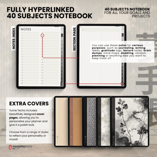 Undated Digital Planner Yume Techo NozomuNoto Notebook Daily Weekly Monthly Calendar Japanese Multipurpose Minimalist ADHD Bullet Journal Hyperlinked PDF Goodnotes Notability Portrait Android iPad Student Study Noteshelf Samsung Notes Hobonichi Noteful Penly Kilonotes Collanote Zoomnotes