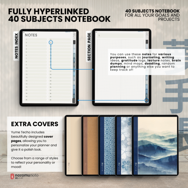 4. Notes & Section Undated Digital Planner Yume Techo NozomuNoto Notebook Daily Weekly Monthly Calendar Japanese Multipurpose Minimalist ADHD Bullet Journal Hyperlinked PDF Goodnotes Notability Portrait Android iPad Student Study Noteshelf Samsung Notes Hobonichi Noteful Penly Kilonotes Collanote Zoomnotes