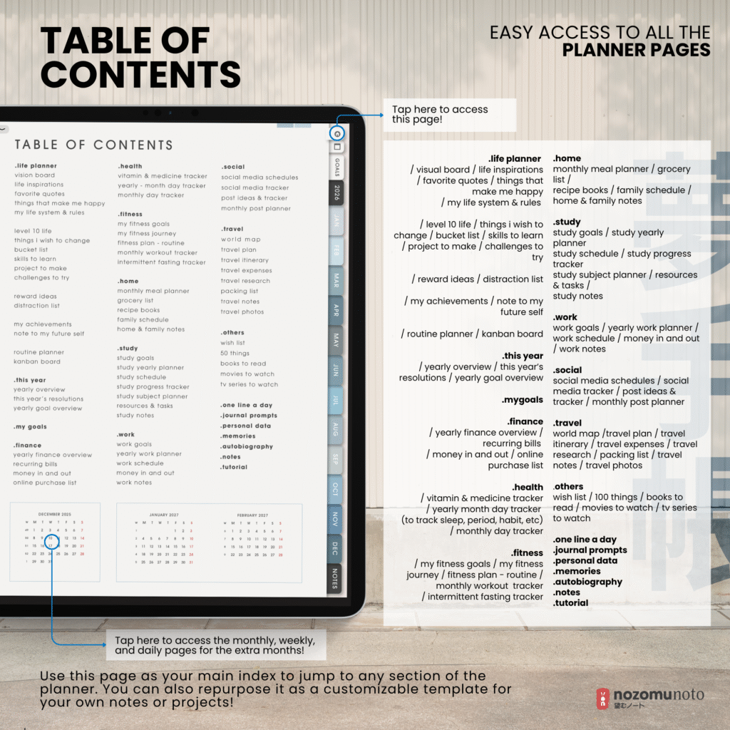 2026 Digital Planner Yume Techo NozomuNoto Notebook Daily Weekly Monthly Calendar Japanese Multipurpose Minimalist ADHD Bullet Journal Hyperlinked PDF Goodnotes Notability Portrait Android iPad Student Study Noteshelf Samsung Notes Hobonichi Noteful Penly Kilonotes Collanote Zoomnotes