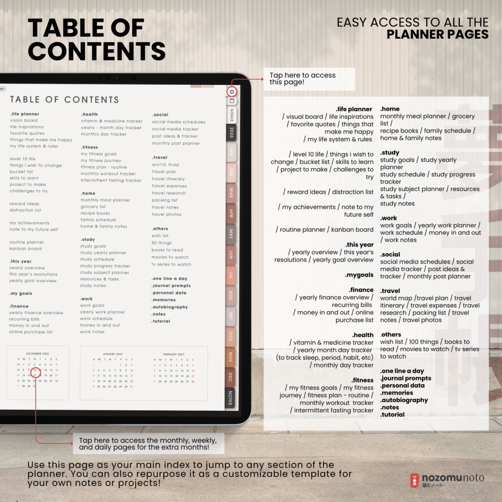 2026 Digital Planner Yume Techo NozomuNoto Notebook Daily Weekly Monthly Calendar Japanese Multipurpose Minimalist ADHD Bullet Journal Hyperlinked PDF Goodnotes Notability Portrait Android iPad Student Study Noteshelf Samsung Notes Hobonichi Noteful Penly Kilonotes Collanote Zoomnotes