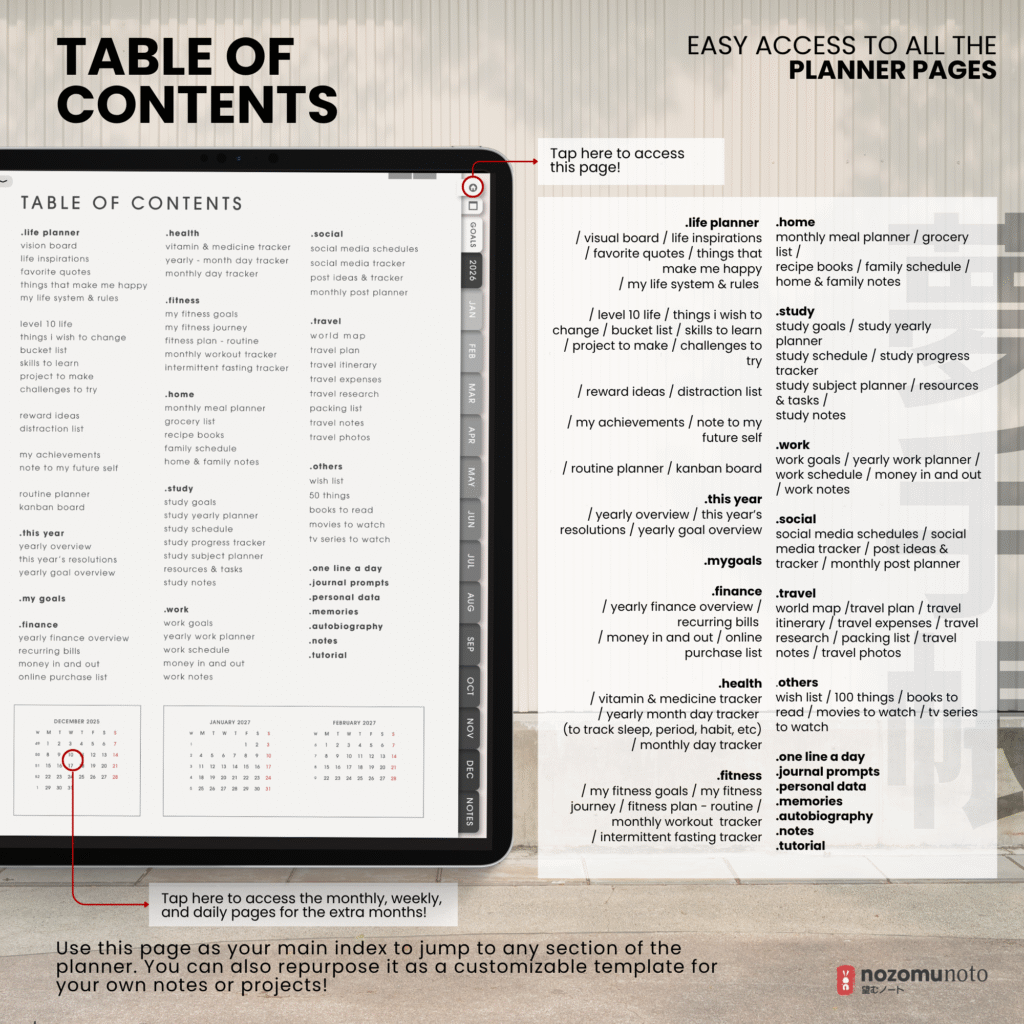 2026 Digital Planner Yume Techo NozomuNoto Notebook Daily Weekly Monthly Calendar Japanese Multipurpose Minimalist ADHD Bullet Journal Hyperlinked PDF Goodnotes Notability Portrait Android iPad Student Study Noteshelf Samsung Notes Hobonichi Noteful Penly Kilonotes Collanote Zoomnotes