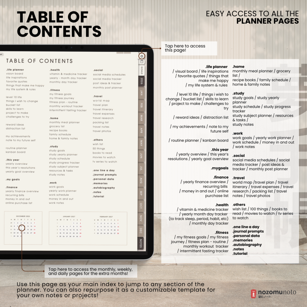 2026 Digital Planner Yume Techo NozomuNoto Notebook Daily Weekly Monthly Calendar Japanese Multipurpose Minimalist ADHD Bullet Journal Hyperlinked PDF Goodnotes Notability Portrait Android iPad Student Study Noteshelf Samsung Notes Hobonichi Noteful Penly Kilonotes Collanote Zoomnotes