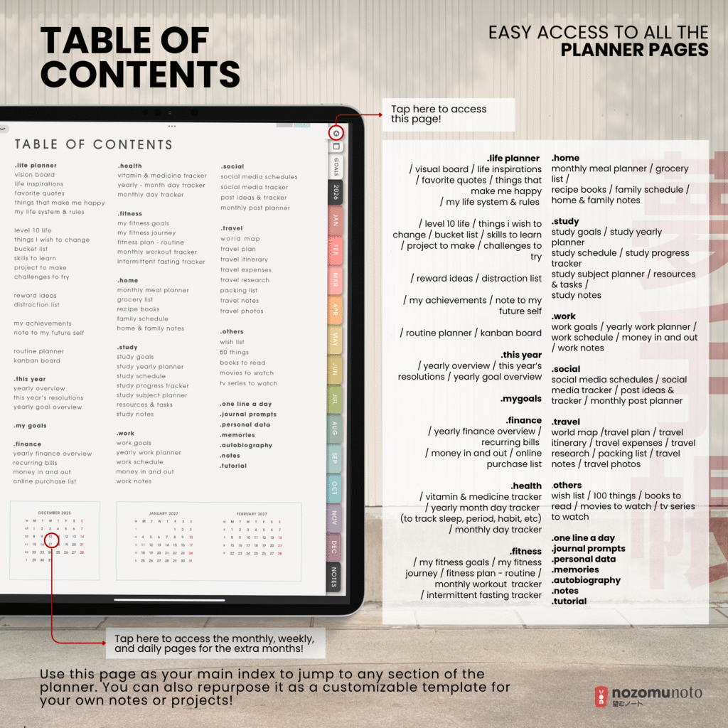 2026 Digital Planner Yume Techo NozomuNoto Notebook Daily Weekly Monthly Calendar Japanese Multipurpose Minimalist ADHD Bullet Journal Hyperlinked PDF Goodnotes Notability Portrait Android iPad Student Study Noteshelf Samsung Notes Hobonichi Noteful Penly Kilonotes Collanote Zoomnotes