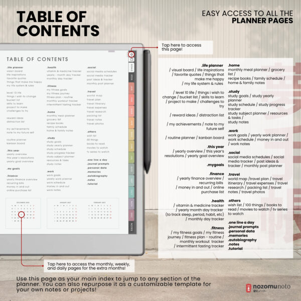 5. Table of contents 2026 Digital Planner Yume Techo Remarkable 2 Paper Pro Onyx Boox Supernote Bigme Kindle Scribe NozomuNoto Notebook Daily Weekly Monthly Calendar Japanese Multipurpose Minimalist ADHD Bullet Journal Hyperlinked PDF Student Study Hobonichi Noteful Penly Kilonotes Collanote Zoomnotes