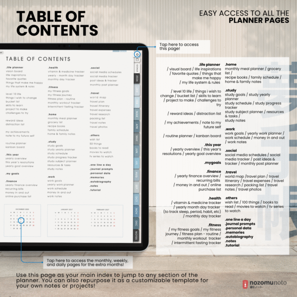 5. Table of contents 2026 Digital Planner Yume Techo NozomuNoto Notebook Daily Weekly Monthly Calendar Japanese Multipurpose Minimalist ADHD Bullet Journal Hyperlinked PDF Goodnotes Notability Portrait Android iPad Student Study Noteshelf Samsung Notes Hobonichi Noteful Penly Kilonotes Collanote Zoomnotes