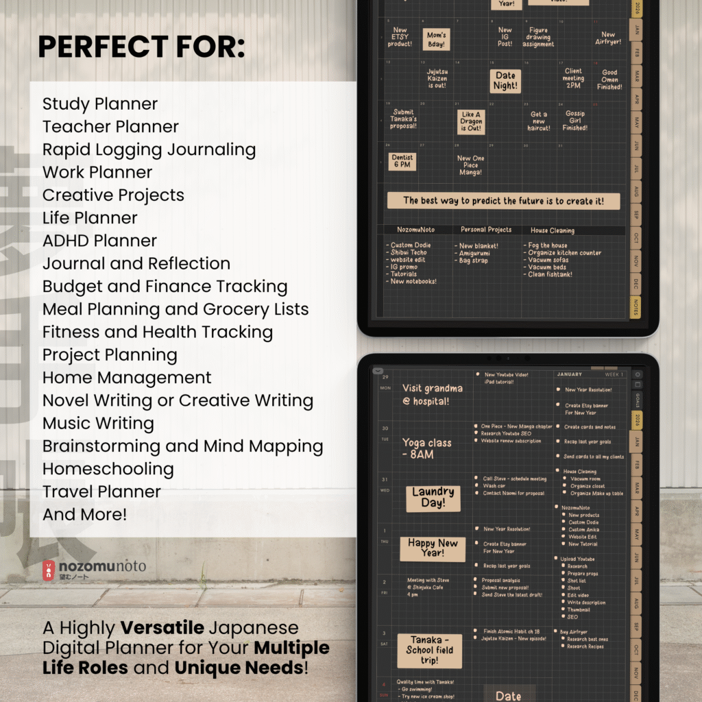 2026 Digital Planner Yume Techo NozomuNoto Notebook Daily Weekly Monthly Calendar Japanese Multipurpose Minimalist ADHD Bullet Journal Hyperlinked PDF Goodnotes Notability Portrait Android iPad Student Study Noteshelf Samsung Notes Hobonichi Noteful Penly Kilonotes Collanote Zoomnotes