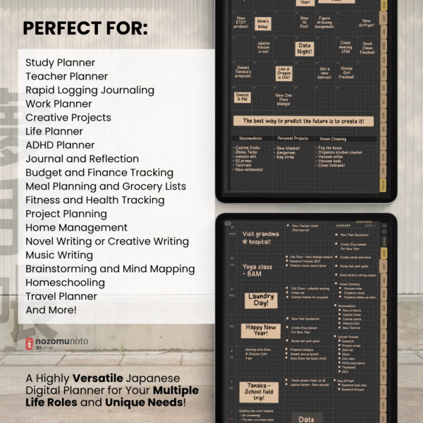 2026 Digital Planner Yume Techo NozomuNoto Notebook Daily Weekly Monthly Calendar Japanese Multipurpose Minimalist ADHD Bullet Journal Hyperlinked PDF Goodnotes Notability Portrait Android iPad Student Study Noteshelf Samsung Notes Hobonichi Noteful Penly Kilonotes Collanote Zoomnotes