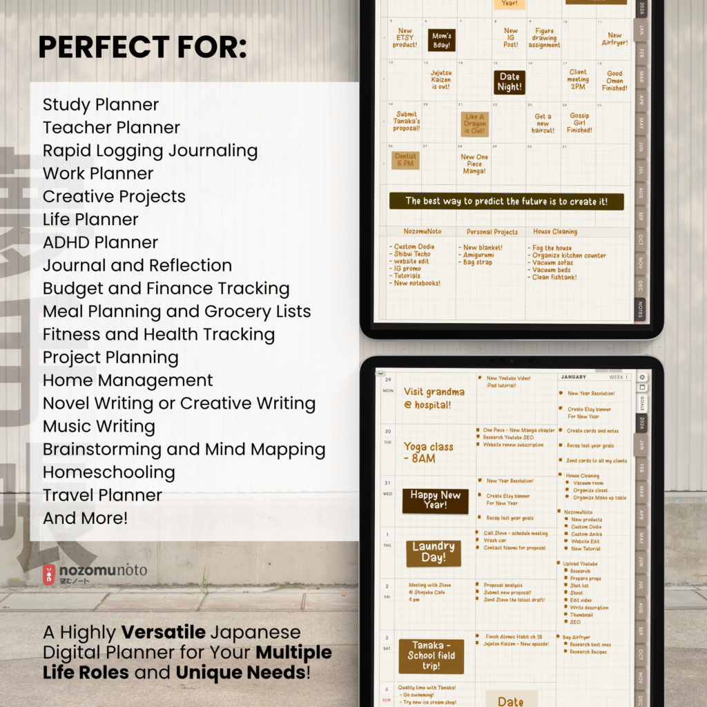 Undated Digital Planner Yume Techo NozomuNoto Notebook Daily Weekly Monthly Calendar Japanese Multipurpose Minimalist ADHD Bullet Journal Hyperlinked PDF Goodnotes Notability Portrait Android iPad Student Study Noteshelf Samsung Notes Hobonichi Noteful Penly Kilonotes Collanote Zoomnotes