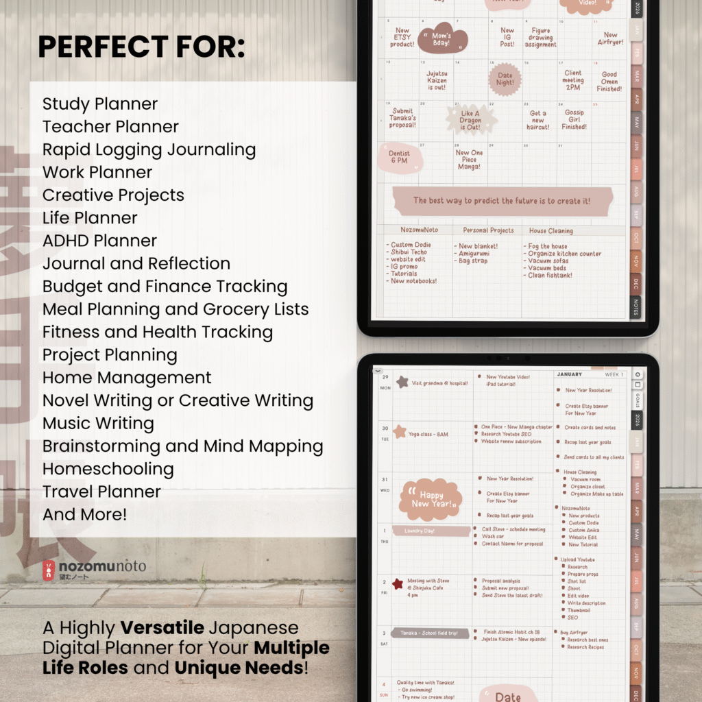 2026 Digital Planner Yume Techo NozomuNoto Notebook Daily Weekly Monthly Calendar Japanese Multipurpose Minimalist ADHD Bullet Journal Hyperlinked PDF Goodnotes Notability Portrait Android iPad Student Study Noteshelf Samsung Notes Hobonichi Noteful Penly Kilonotes Collanote Zoomnotes