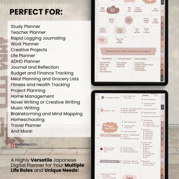 2026 Digital Planner Yume Techo NozomuNoto Notebook Daily Weekly Monthly Calendar Japanese Multipurpose Minimalist ADHD Bullet Journal Hyperlinked PDF Goodnotes Notability Portrait Android iPad Student Study Noteshelf Samsung Notes Hobonichi Noteful Penly Kilonotes Collanote Zoomnotes