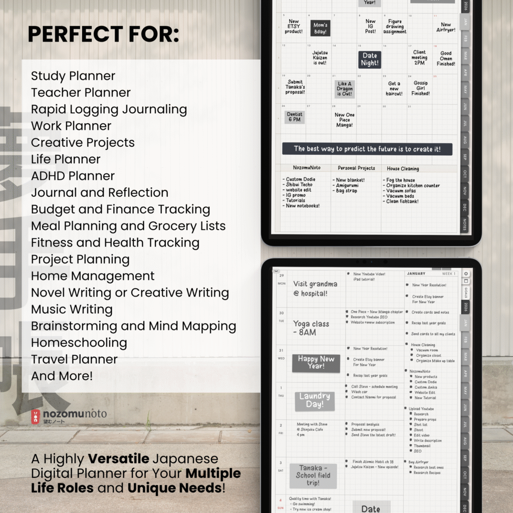 2026 Digital Planner Yume Techo NozomuNoto Notebook Daily Weekly Monthly Calendar Japanese Multipurpose Minimalist ADHD Bullet Journal Hyperlinked PDF Goodnotes Notability Portrait Android iPad Student Study Noteshelf Samsung Notes Hobonichi Noteful Penly Kilonotes Collanote Zoomnotes