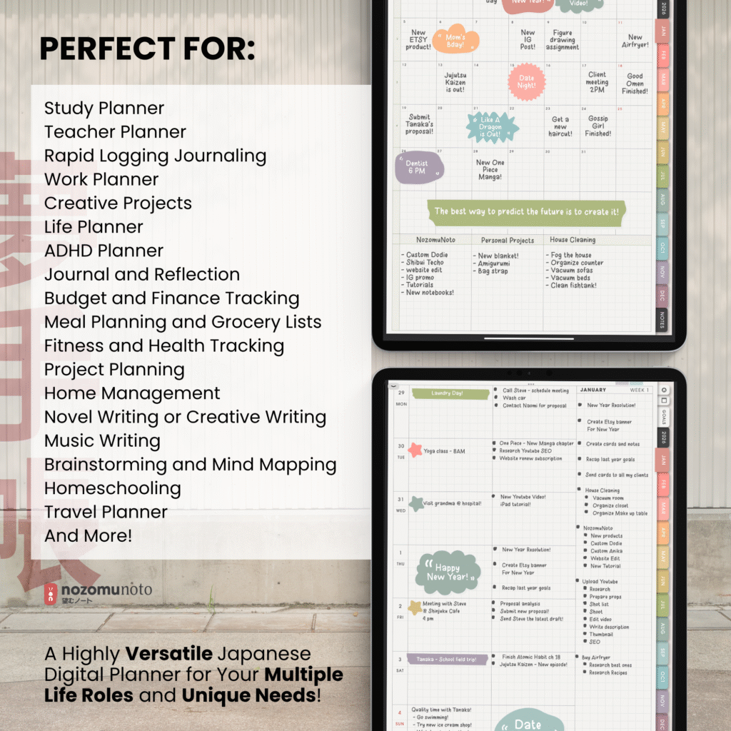 2026 Digital Planner Yume Techo NozomuNoto Notebook Daily Weekly Monthly Calendar Japanese Multipurpose Minimalist ADHD Bullet Journal Hyperlinked PDF Goodnotes Notability Portrait Android iPad Student Study Noteshelf Samsung Notes Hobonichi Noteful Penly Kilonotes Collanote Zoomnotes