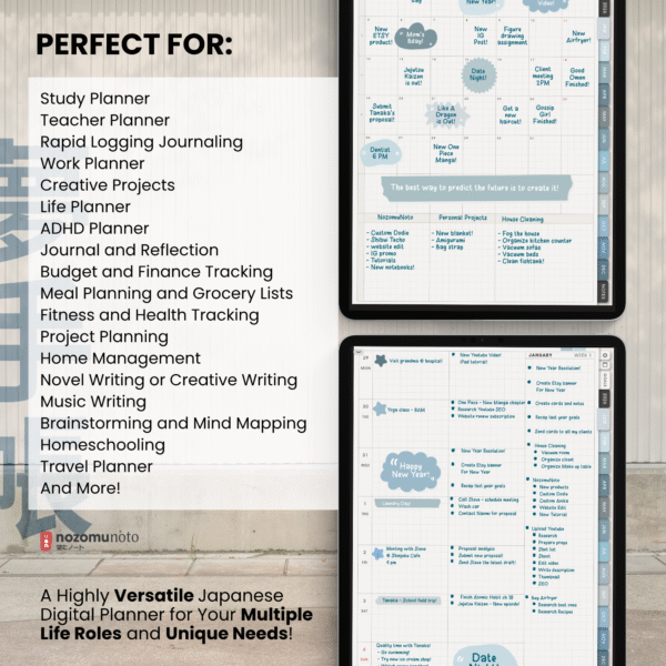 6. Perfect For Undated Digital Planner Yume Techo NozomuNoto Notebook Daily Weekly Monthly Calendar Japanese Multipurpose Minimalist ADHD Bullet Journal Hyperlinked PDF Goodnotes Notability Portrait Android iPad Student Study Noteshelf Samsung Notes Hobonichi Noteful Penly Kilonotes Collanote Zoomnotes