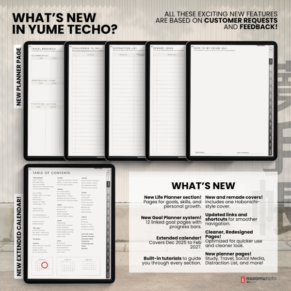 2026 Digital Planner Yume Techo NozomuNoto Notebook Daily Weekly Monthly Calendar Japanese Multipurpose Minimalist ADHD Bullet Journal Hyperlinked PDF Goodnotes Notability Portrait Android iPad Student Study Noteshelf Samsung Notes Hobonichi Noteful Penly Kilonotes Collanote Zoomnotes