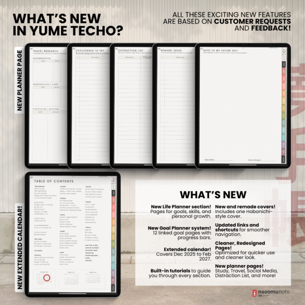 2026 Digital Planner Yume Techo NozomuNoto Notebook Daily Weekly Monthly Calendar Japanese Multipurpose Minimalist ADHD Bullet Journal Hyperlinked PDF Goodnotes Notability Portrait Android iPad Student Study Noteshelf Samsung Notes Hobonichi Noteful Penly Kilonotes Collanote Zoomnotes