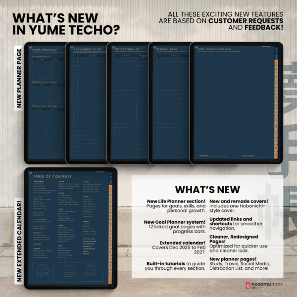 2026 Digital Planner Yume Techo NozomuNoto Notebook Daily Weekly Monthly Calendar Japanese Multipurpose Minimalist ADHD Bullet Journal Hyperlinked PDF Goodnotes Notability Portrait Android iPad Student Study Noteshelf Samsung Notes Hobonichi Noteful Penly Kilonotes Collanote Zoomnotes