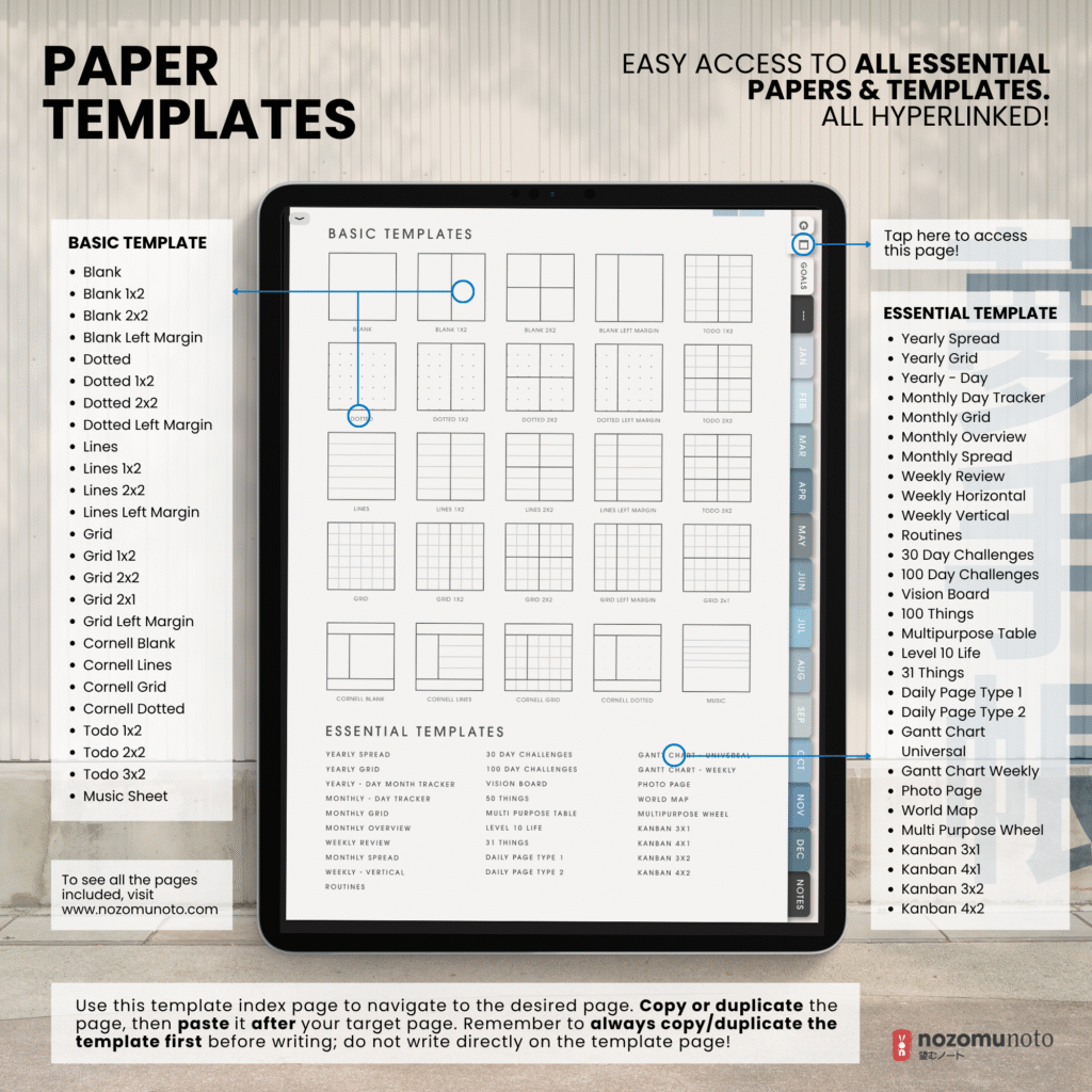 Undated Digital Planner Yume Techo NozomuNoto Notebook Daily Weekly Monthly Calendar Japanese Multipurpose Minimalist ADHD Bullet Journal Hyperlinked PDF Goodnotes Notability Portrait Android iPad Student Study Noteshelf Samsung Notes Hobonichi Noteful Penly Kilonotes Collanote Zoomnotes