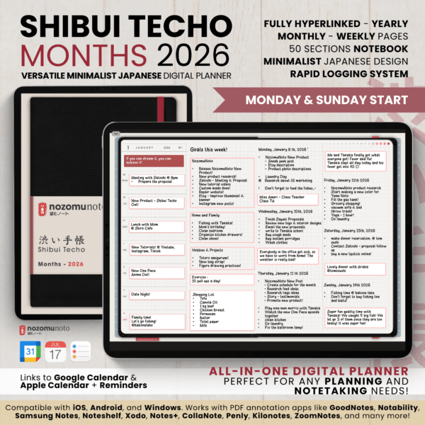 1. Title Dated 2026 Digital Planner Shibui Techo NozomuNoto Notebook Weekly Monthly Calendar Japanese Multipurpose Minimalist ADHD Bullet Journal Hyperlinked PDF Goodnotes Notability Landscape Android iPad Student Study Noteshelf Samsung Notes Xodo