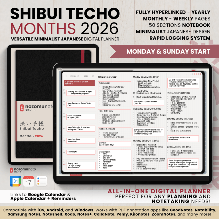 Dated 2026 Digital Planner Shibui Techo NozomuNoto Notebook Weekly Monthly Calendar Japanese Multipurpose Minimalist ADHD Bullet Journal Hyperlinked PDF Goodnotes Notability Landscape Android iPad Student Study Noteshelf Samsung Notes Xodo