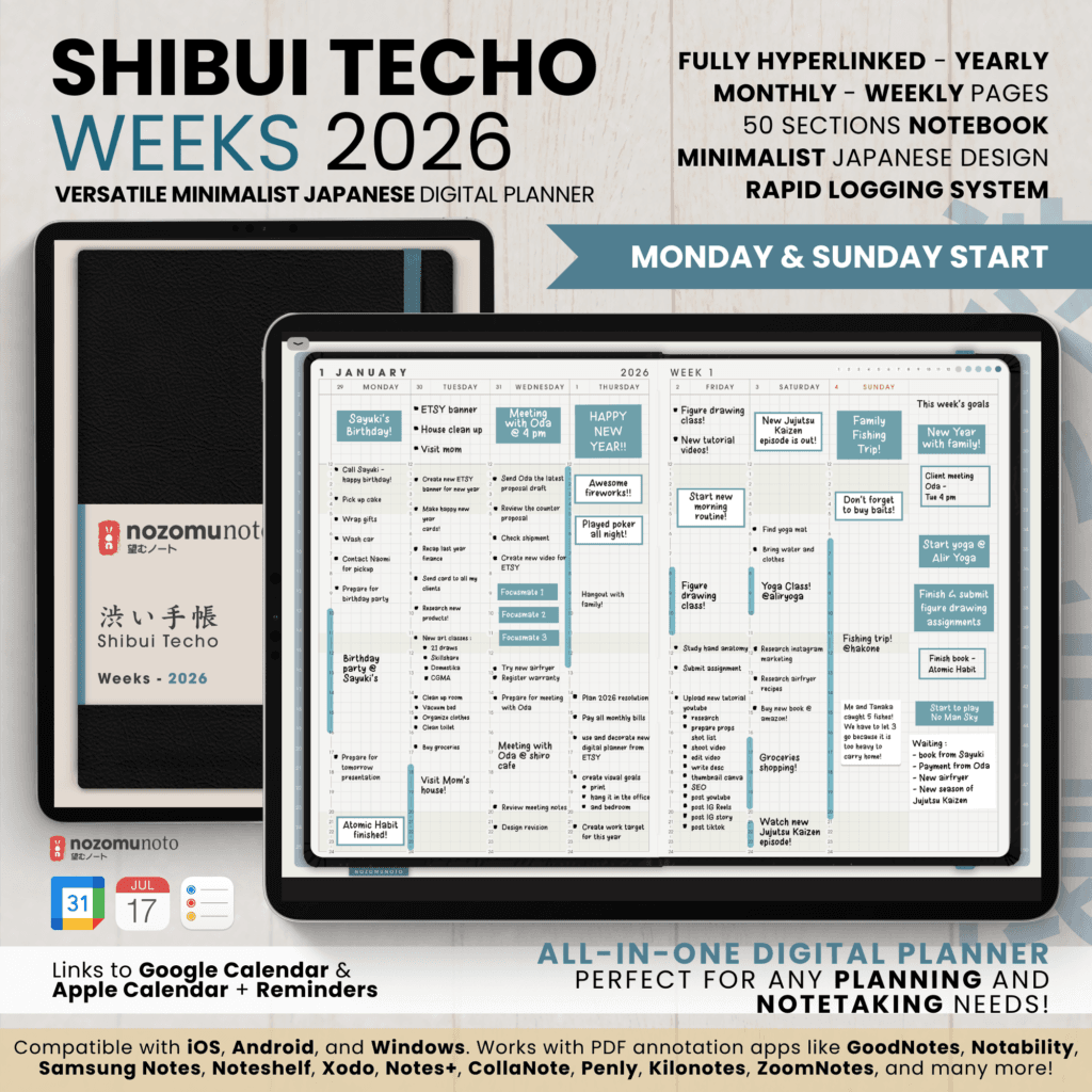 Dated 2026 Digital Planner Shibui Techo NozomuNoto Notebook Weekly Monthly Calendar Japanese Multipurpose Minimalist ADHD Bullet Journal Hyperlinked PDF Goodnotes Notability Landscape Android iPad Student Study Noteshelf Samsung Notes Xodo
