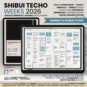 Dated 2026 Digital Planner Shibui Techo NozomuNoto Notebook Weekly Monthly Calendar Japanese Multipurpose Minimalist ADHD Bullet Journal Hyperlinked PDF Goodnotes Notability Landscape Android iPad Student Study Noteshelf Samsung Notes Xodo