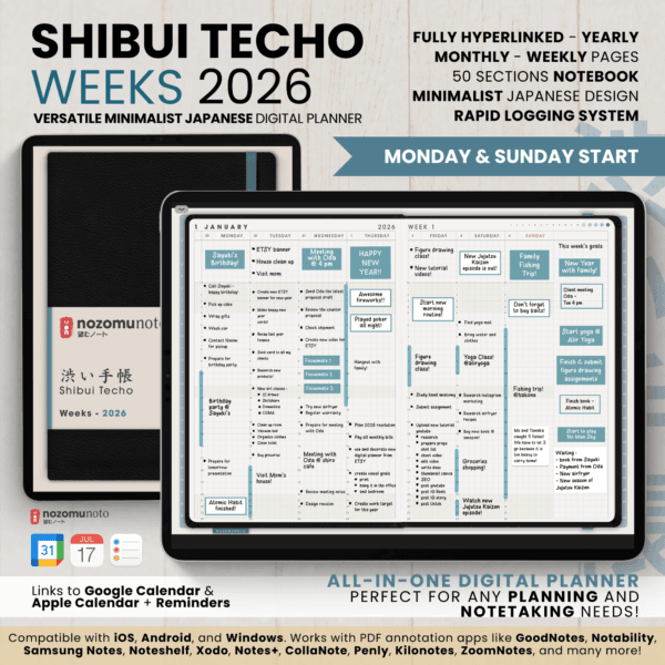 1. Title Dated 2026 Digital Planner Shibui Techo NozomuNoto Notebook Weekly Monthly Calendar Japanese Multipurpose Minimalist ADHD Bullet Journal Hyperlinked PDF Goodnotes Notability Landscape Android iPad Student Study Noteshelf Samsung Notes Xodo