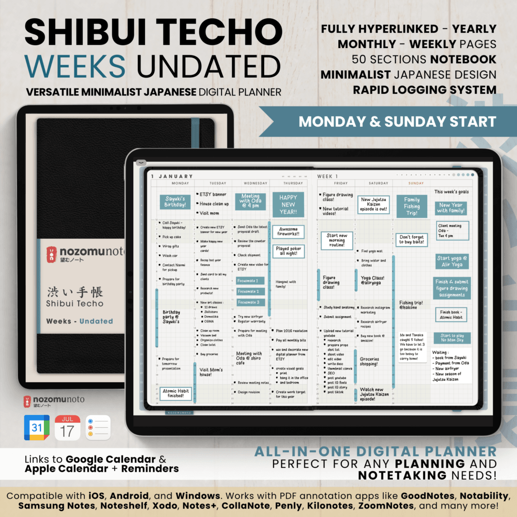 Undated Digital Planner Shibui Techo NozomuNoto Notebook Weekly Monthly Calendar Japanese Multipurpose Minimalist ADHD Bullet Journal Hyperlinked PDF Goodnotes Notability Landscape Android iPad Student Study Noteshelf Samsung Notes Xodo