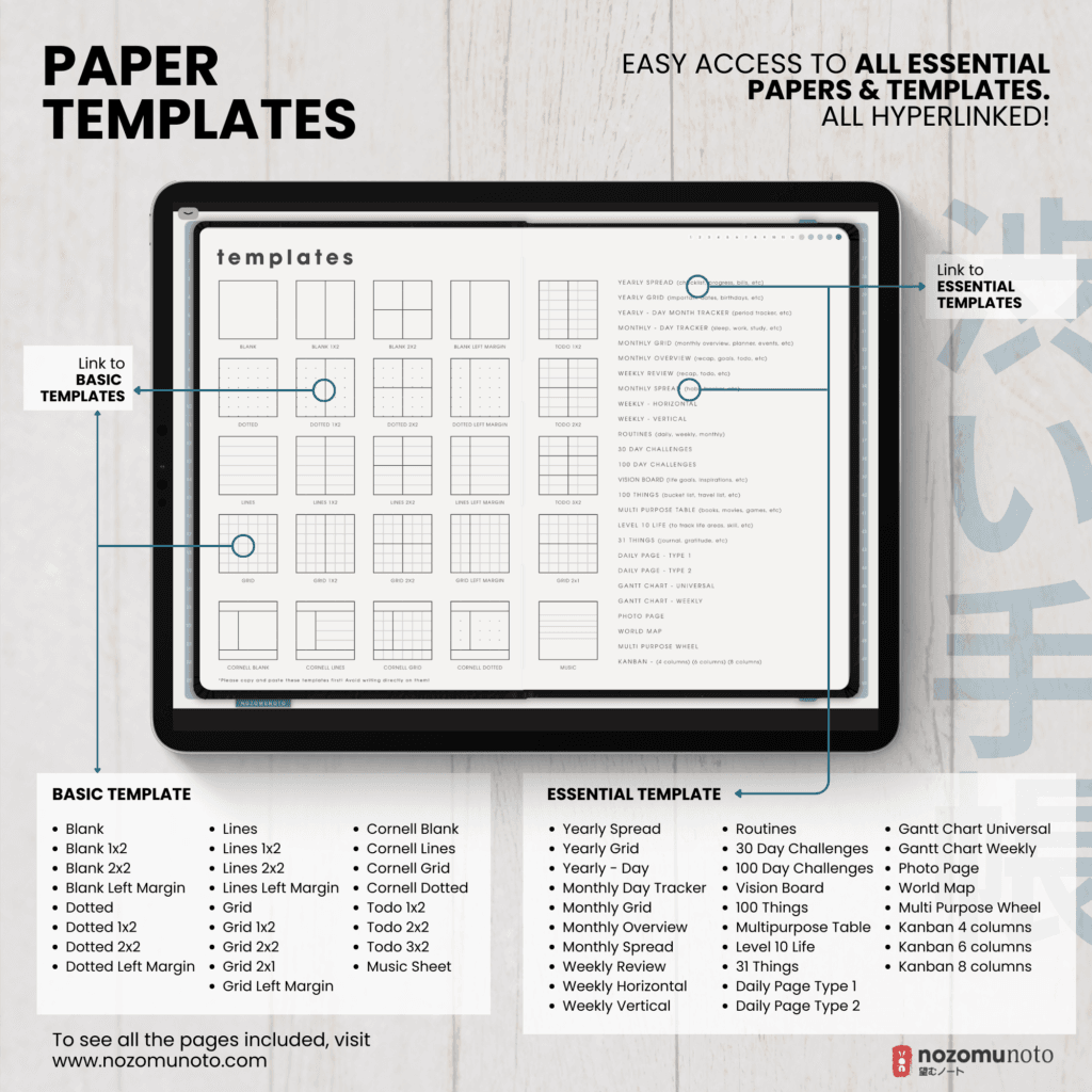 Undated Digital Planner Shibui Techo NozomuNoto Notebook Weekly Monthly Calendar Japanese Multipurpose Minimalist ADHD Bullet Journal Hyperlinked PDF Goodnotes Notability Landscape Android iPad Student Study Noteshelf Samsung Notes Xodo