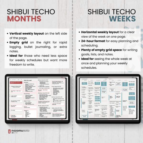 12. months - weeks Dated 2026 Digital Planner Shibui Techo NozomuNoto Notebook Weekly Monthly Calendar Japanese Multipurpose Minimalist ADHD Bullet Journal Hyperlinked PDF Goodnotes Notability Landscape Android iPad Student Study Noteshelf Samsung Notes Xodo