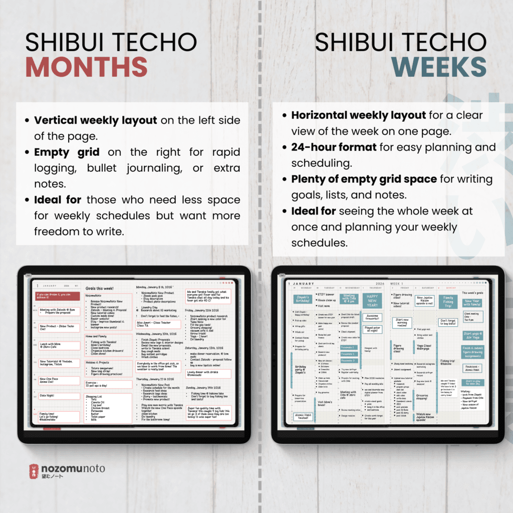 Undated Digital Planner Shibui Techo NozomuNoto Notebook Weekly Monthly Calendar Japanese Multipurpose Minimalist ADHD Bullet Journal Hyperlinked PDF Goodnotes Notability Landscape Android iPad Student Study Noteshelf Samsung Notes Xodo