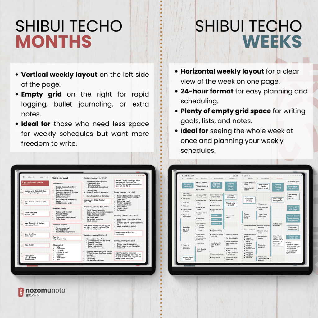 Undated Digital Planner Shibui Techo NozomuNoto Notebook Weekly Monthly Calendar Japanese Multipurpose Minimalist ADHD Bullet Journal Hyperlinked PDF Goodnotes Notability Landscape Android iPad Student Study Noteshelf Samsung Notes Xodo