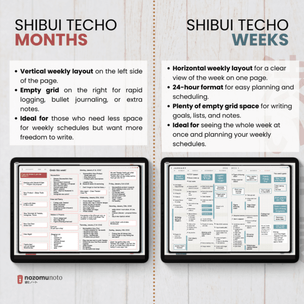 12. months - weeks Dated 2026 Digital Planner Shibui Techo NozomuNoto Notebook Weekly Monthly Calendar Japanese Multipurpose Minimalist ADHD Bullet Journal Hyperlinked PDF Goodnotes Notability Landscape Android iPad Student Study Noteshelf Samsung Notes Xodo