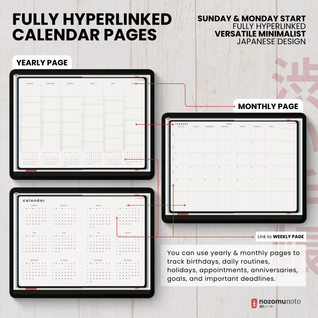 Dated 2026 Digital Planner Shibui Techo NozomuNoto Notebook Weekly Monthly Calendar Japanese Multipurpose Minimalist ADHD Bullet Journal Hyperlinked PDF Goodnotes Notability Landscape Android iPad Student Study Noteshelf Samsung Notes Xodo