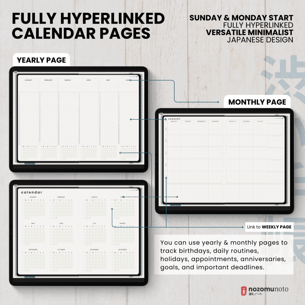 Undated Digital Planner Shibui Techo NozomuNoto Notebook Weekly Monthly Calendar Japanese Multipurpose Minimalist ADHD Bullet Journal Hyperlinked PDF Goodnotes Notability Landscape Android iPad Student Study Noteshelf Samsung Notes Xodo