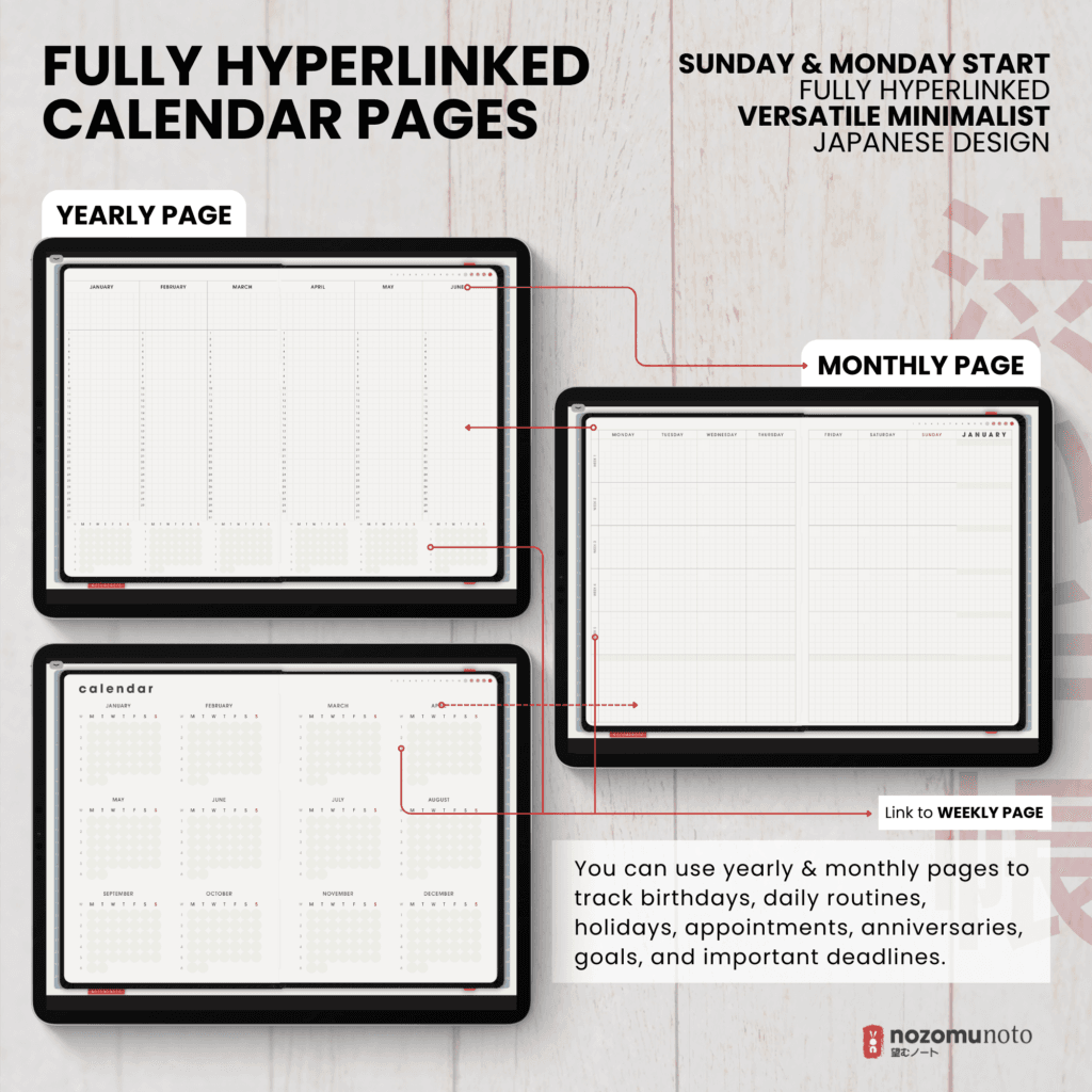 Undated Digital Planner Shibui Techo NozomuNoto Notebook Weekly Monthly Calendar Japanese Multipurpose Minimalist ADHD Bullet Journal Hyperlinked PDF Goodnotes Notability Landscape Android iPad Student Study Noteshelf Samsung Notes Xodo