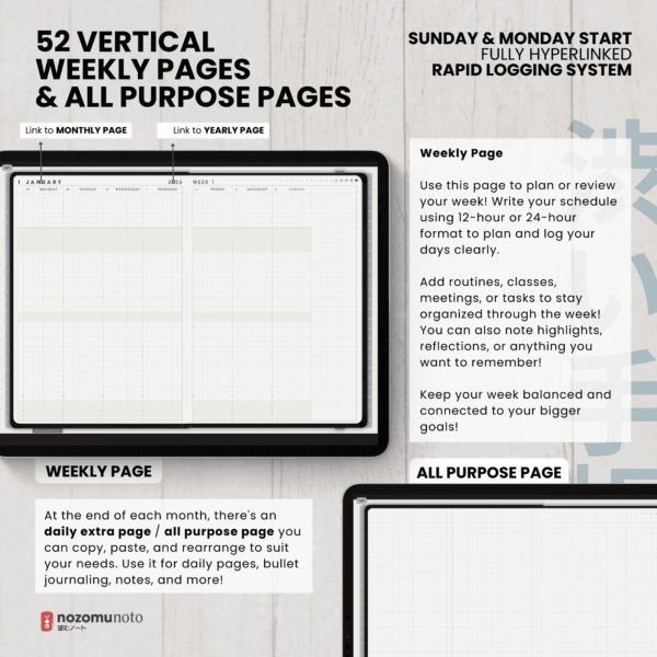 4. Weekly Daily Dated 2026 Digital Planner Shibui Techo NozomuNoto Notebook Weekly Monthly Calendar Japanese Multipurpose Minimalist ADHD Bullet Journal Hyperlinked PDF Goodnotes Notability Landscape Android iPad Student Study Noteshelf Samsung Notes Xodo