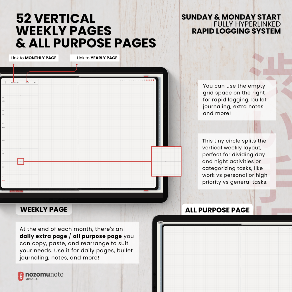 Dated 2026 Digital Planner Shibui Techo NozomuNoto Notebook Weekly Monthly Calendar Japanese Multipurpose Minimalist ADHD Bullet Journal Hyperlinked PDF Goodnotes Notability Landscape Android iPad Student Study Noteshelf Samsung Notes Xodo