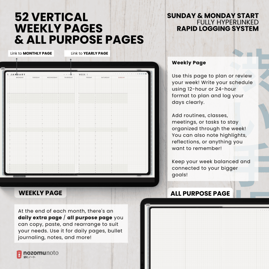 Undated Digital Planner Shibui Techo NozomuNoto Notebook Weekly Monthly Calendar Japanese Multipurpose Minimalist ADHD Bullet Journal Hyperlinked PDF Goodnotes Notability Landscape Android iPad Student Study Noteshelf Samsung Notes Xodo