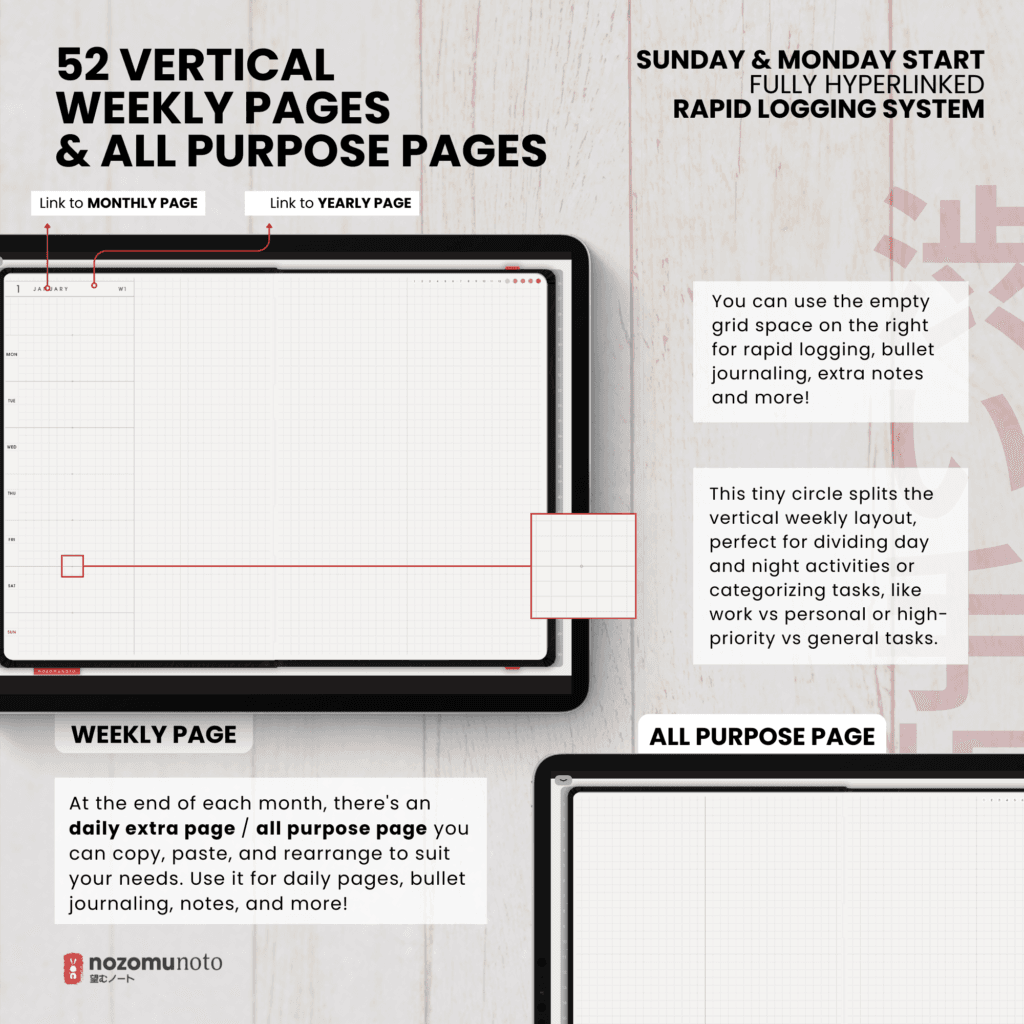 Undated Digital Planner Shibui Techo NozomuNoto Notebook Weekly Monthly Calendar Japanese Multipurpose Minimalist ADHD Bullet Journal Hyperlinked PDF Goodnotes Notability Landscape Android iPad Student Study Noteshelf Samsung Notes Xodo